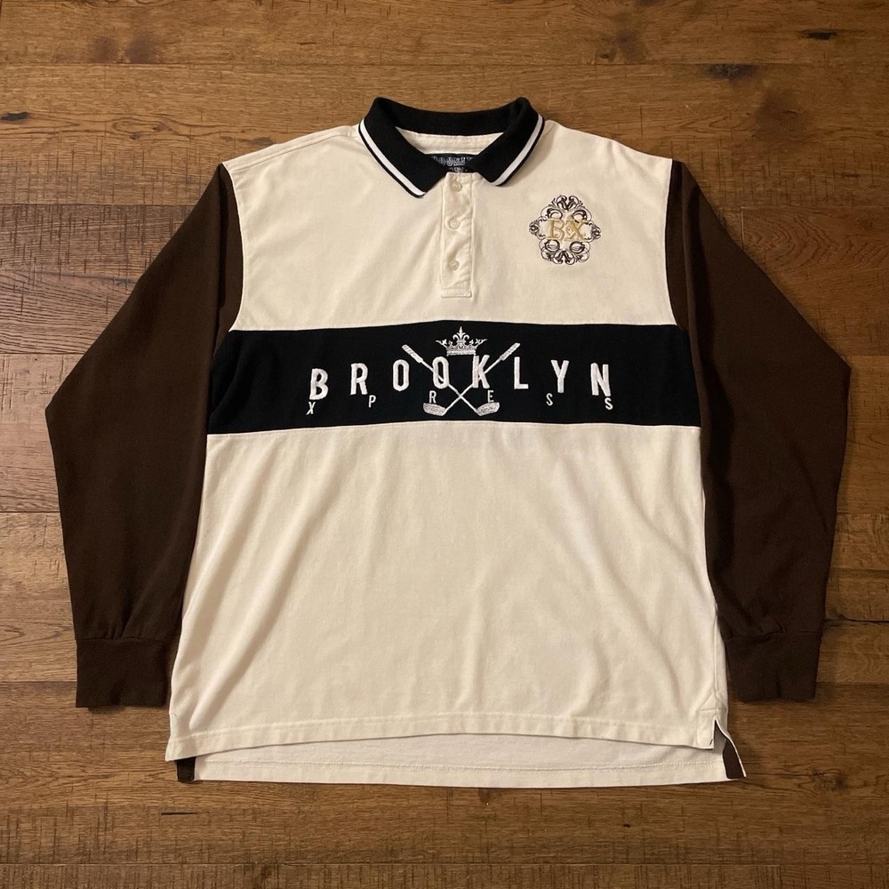 Brooklyn Express Rugby Shirt Mens XL Cream Brown Preppy Y2K Skater Long Sleeve